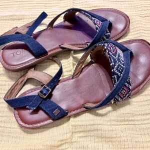 TOMS Navy Denim & Pink Patterned Leather Sandals